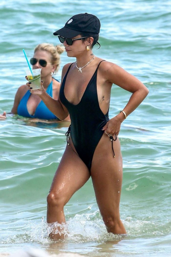 Vanessa Hudgens Vacationing In A Black Swimsuit On The Beach In Miami